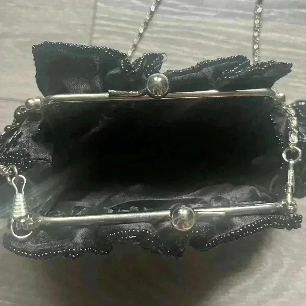 Vintage Style Black 20s Flapper Beaded Bag Removable Silver Strap Costume Party